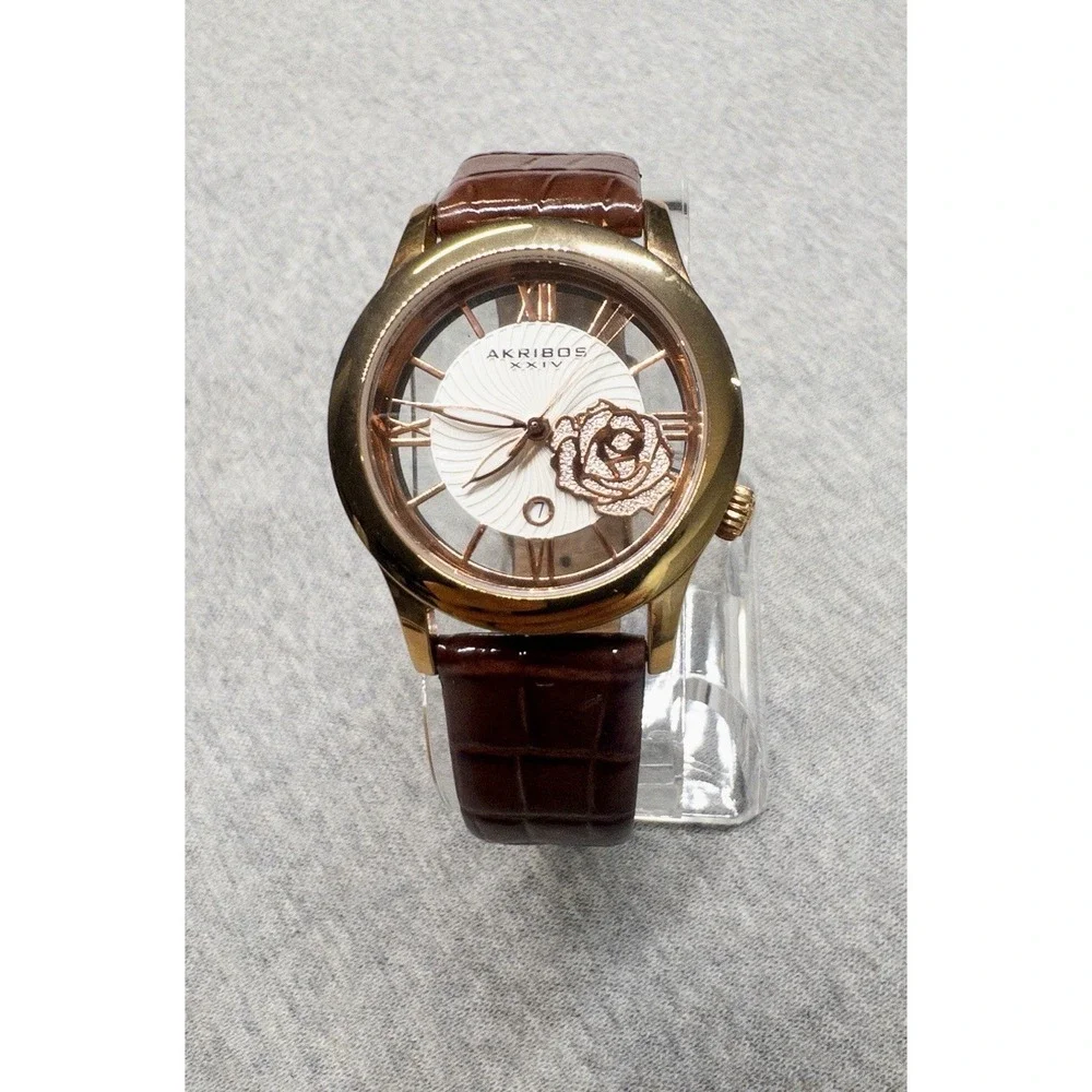 Akribos XXIV Womens Rose Crystal Transparent Watch ‎ 34mm New Battery